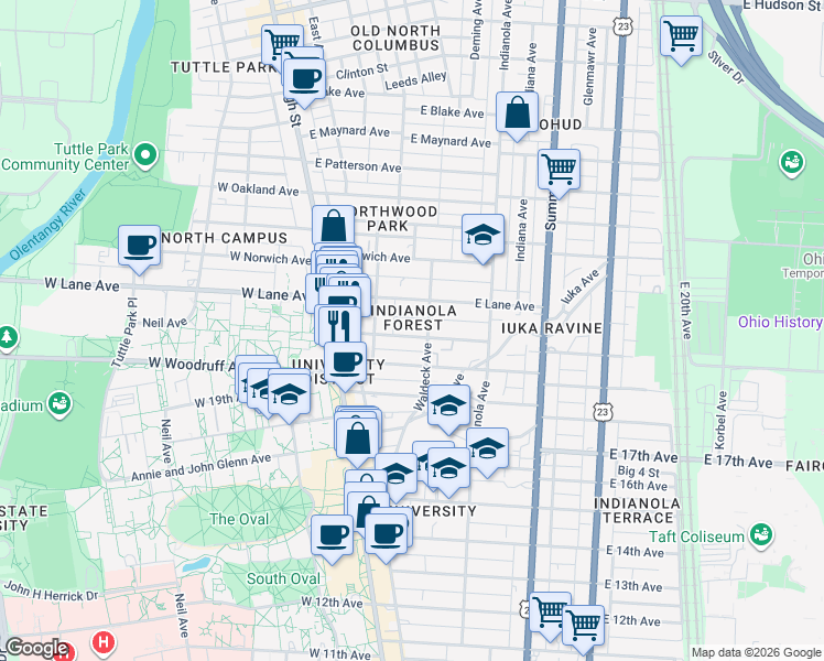 map of restaurants, bars, coffee shops, grocery stores, and more near 108 Frambes Avenue in Columbus