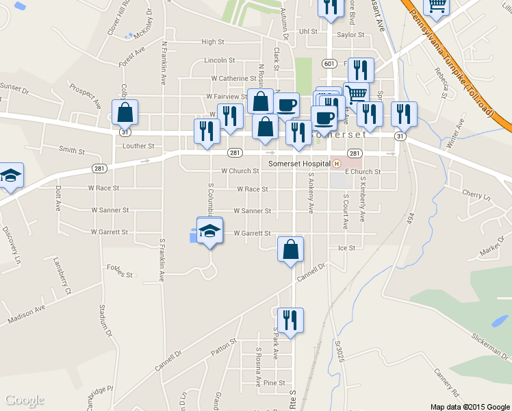map of restaurants, bars, coffee shops, grocery stores, and more near 432 S Rosina Ave in Somerset