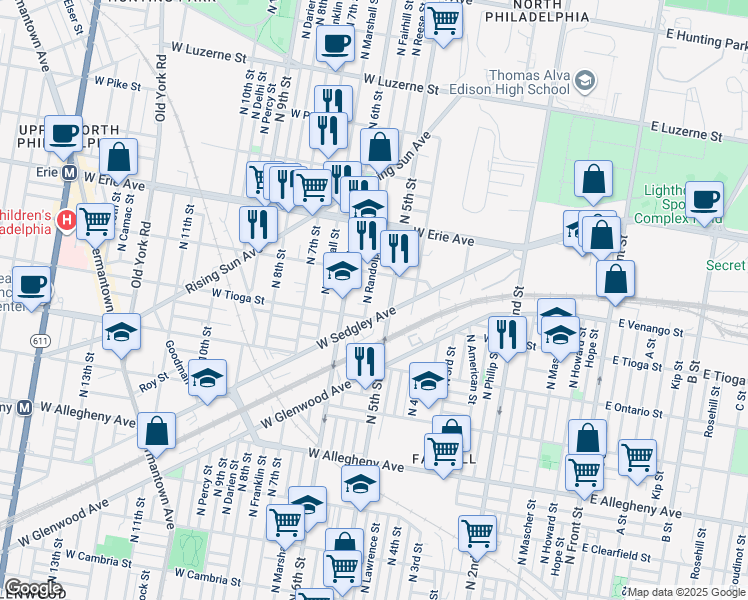 map of restaurants, bars, coffee shops, grocery stores, and more near 3519 North Randolph Street in Philadelphia