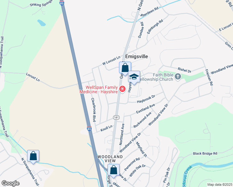 map of restaurants, bars, coffee shops, grocery stores, and more near 2740 North George Street in York