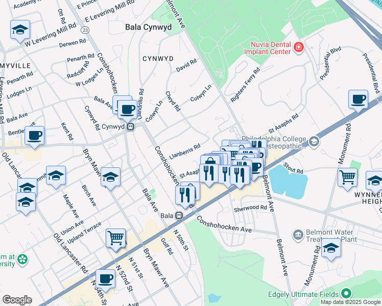 map of restaurants, bars, coffee shops, grocery stores, and more near 24 Llanberris Road in Bala Cynwyd