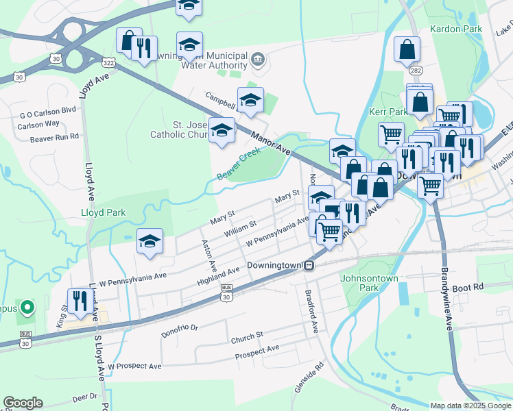 map of restaurants, bars, coffee shops, grocery stores, and more near 322 Mary Street in Downingtown
