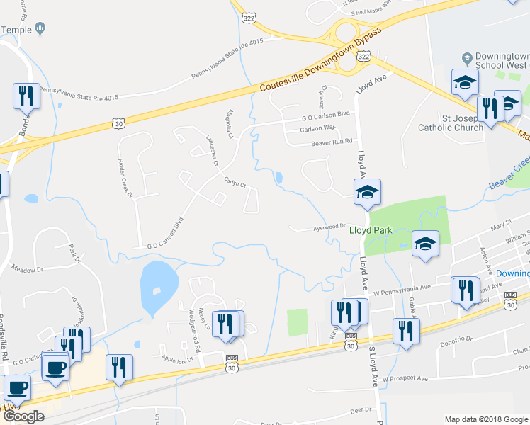 map of restaurants, bars, coffee shops, grocery stores, and more near 280 Carlyn Court in Downingtown