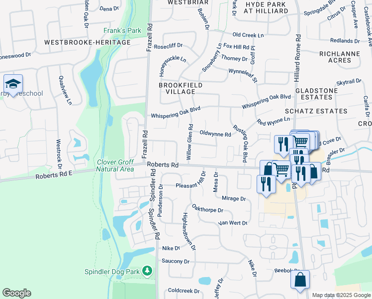 map of restaurants, bars, coffee shops, grocery stores, and more near 2635 Willow Glen Road in Hilliard