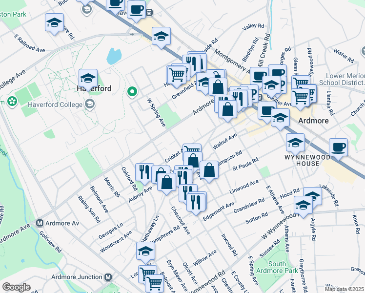 map of restaurants, bars, coffee shops, grocery stores, and more near 1 West Spring Avenue in Ardmore