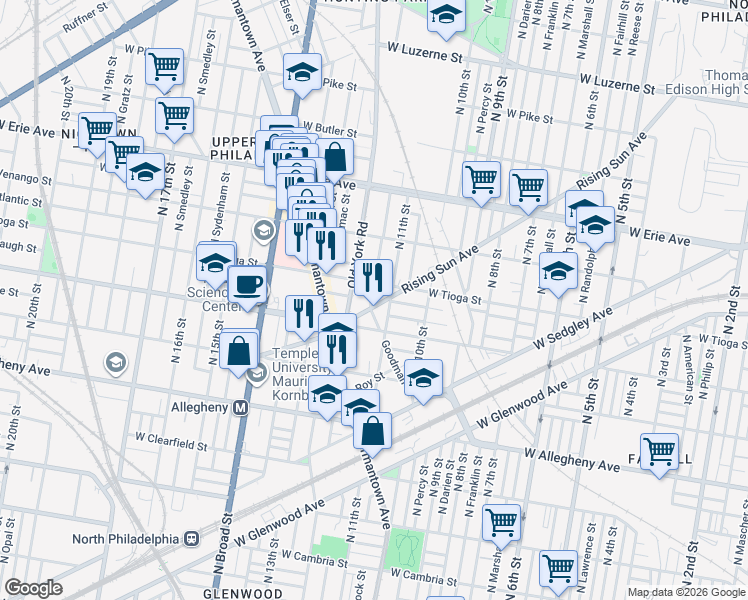 map of restaurants, bars, coffee shops, grocery stores, and more near 1109 Rising Sun Avenue in Philadelphia