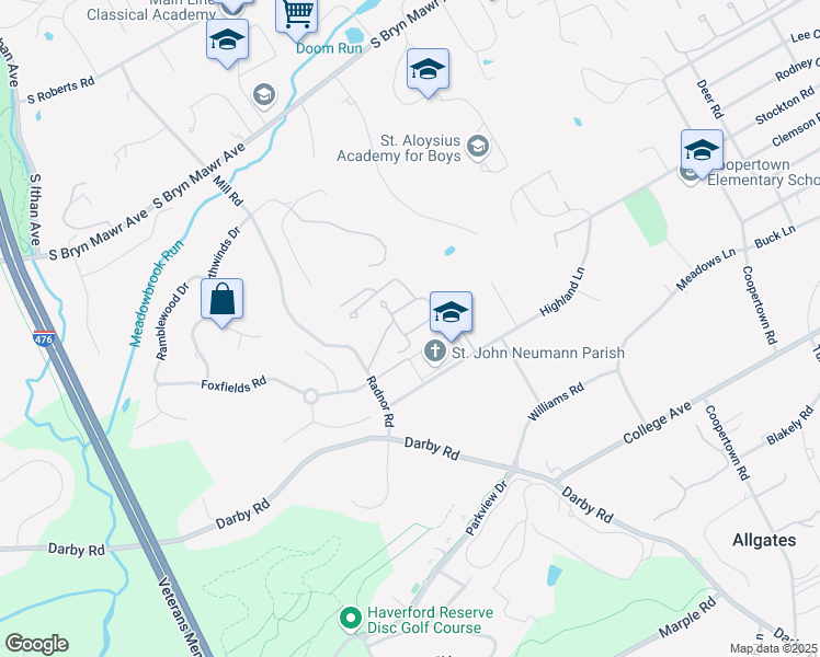 map of restaurants, bars, coffee shops, grocery stores, and more near 40 Parkridge Drive in Bryn Mawr
