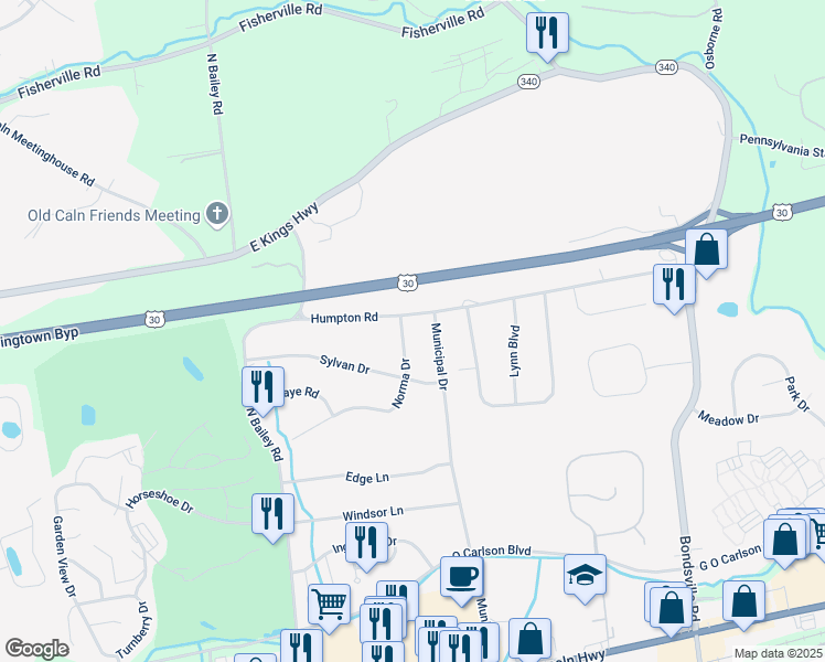 map of restaurants, bars, coffee shops, grocery stores, and more near 608 Norma Drive in Thorndale