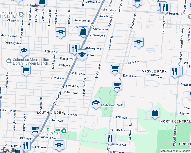 map of restaurants, bars, coffee shops, grocery stores, and more near 1503 E 23rd Ave in Columbus
