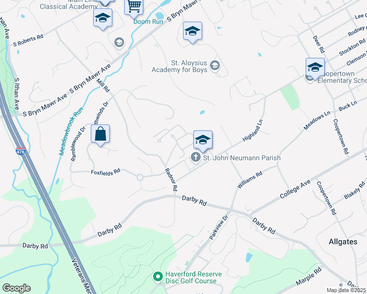 map of restaurants, bars, coffee shops, grocery stores, and more near 40 Parkridge Drive in Bryn Mawr