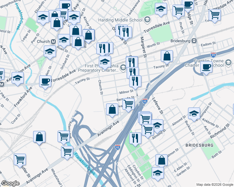 map of restaurants, bars, coffee shops, grocery stores, and more near Duncan Street in Philadelphia