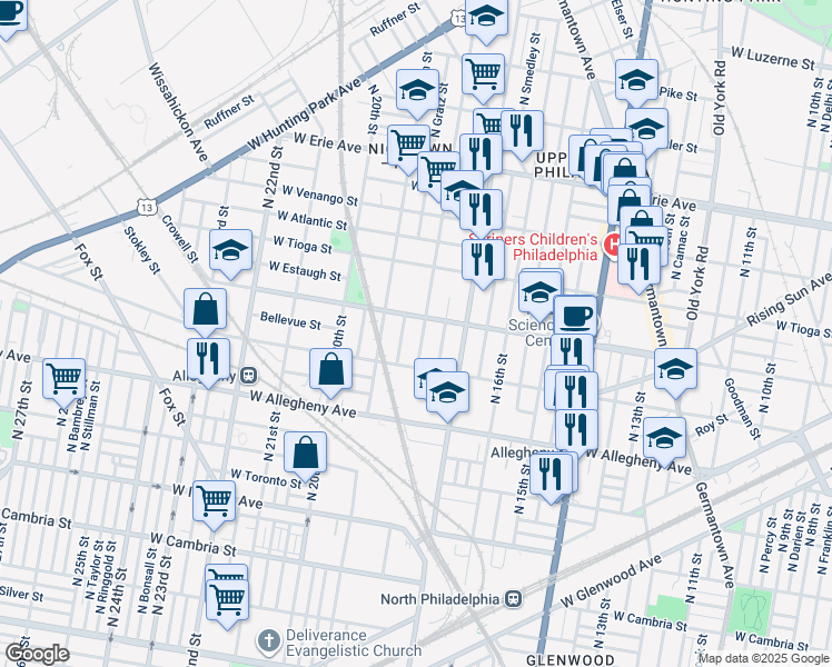 map of restaurants, bars, coffee shops, grocery stores, and more near 3344 North 18th Street in Philadelphia