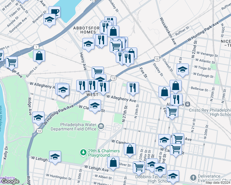 map of restaurants, bars, coffee shops, grocery stores, and more near 3217 North Newkirk Street in Philadelphia