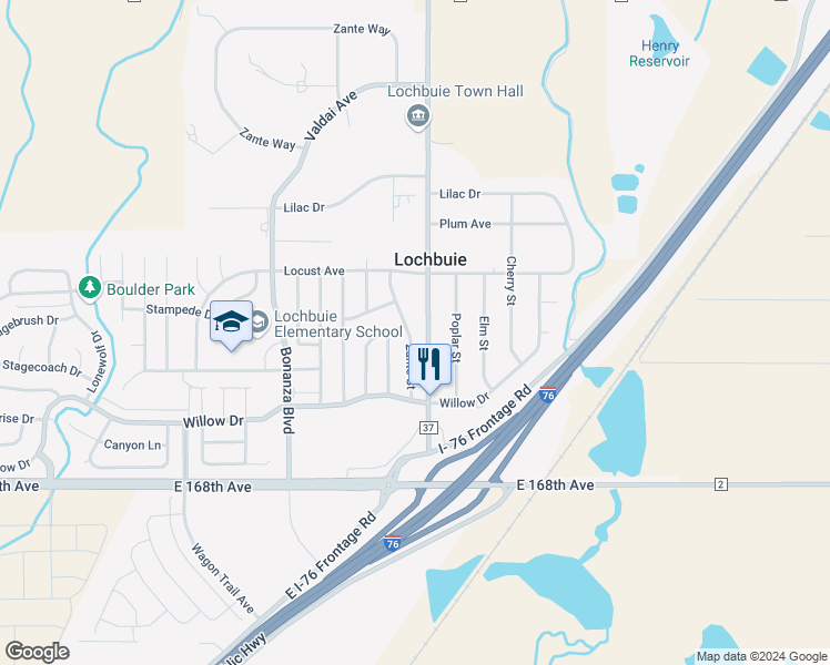map of restaurants, bars, coffee shops, grocery stores, and more near 126 Zante Street in Lochbuie