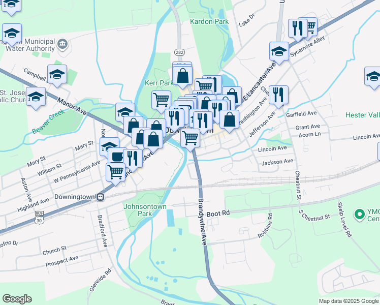 map of restaurants, bars, coffee shops, grocery stores, and more near 112 Brandywine Avenue in Downingtown