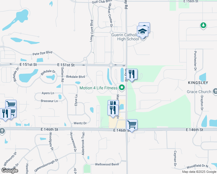 map of restaurants, bars, coffee shops, grocery stores, and more near 14925 Riverdale Drive East in Carmel