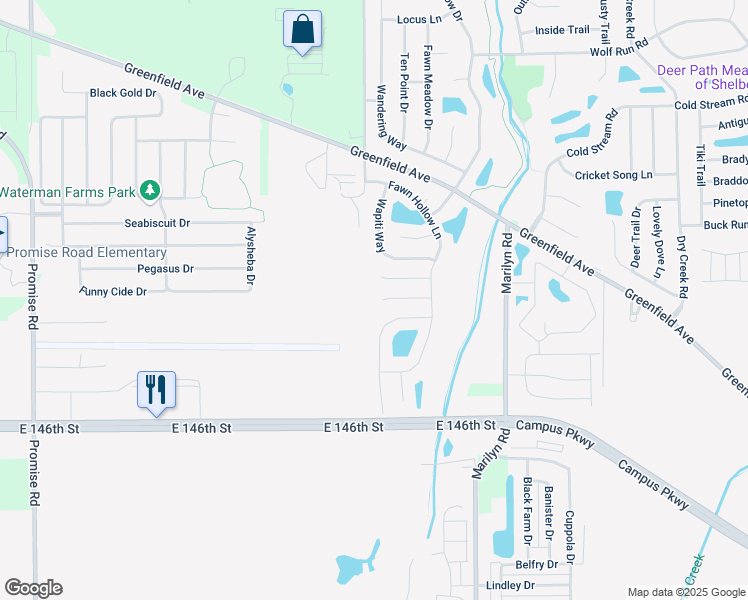 map of restaurants, bars, coffee shops, grocery stores, and more near 11802 Pronghorn Circle in Noblesville