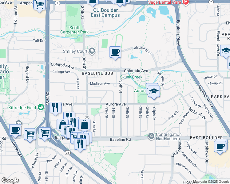 map of restaurants, bars, coffee shops, grocery stores, and more near 980 34th Street in Boulder