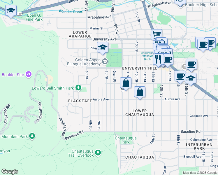 map of restaurants, bars, coffee shops, grocery stores, and more near 959 Grant Place in Boulder