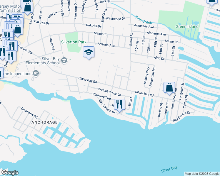 map of restaurants, bars, coffee shops, grocery stores, and more near 44 Sand Creek Lane in Toms River