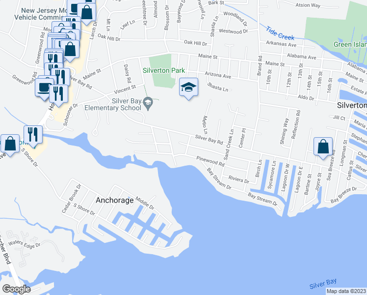 map of restaurants, bars, coffee shops, grocery stores, and more near 143 Walnut Creek Lane in Toms River