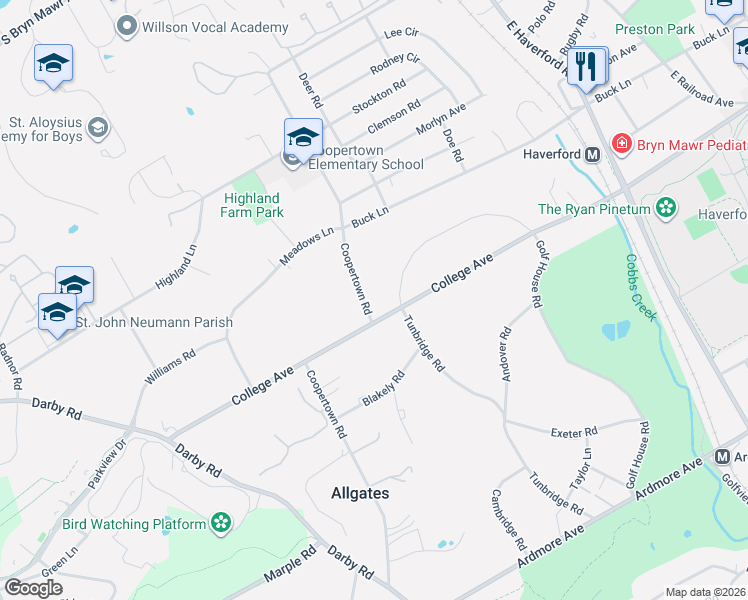map of restaurants, bars, coffee shops, grocery stores, and more near 90 Tunbridge Road in Haverford