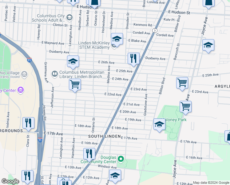 map of restaurants, bars, coffee shops, grocery stores, and more near 1274 East 22nd Avenue in Columbus