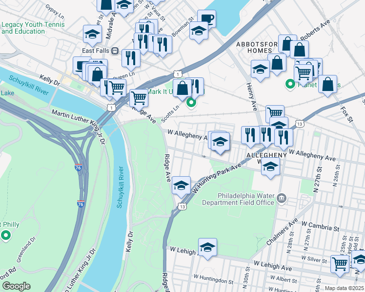 map of restaurants, bars, coffee shops, grocery stores, and more near 3114 North Shedwick Street in Philadelphia