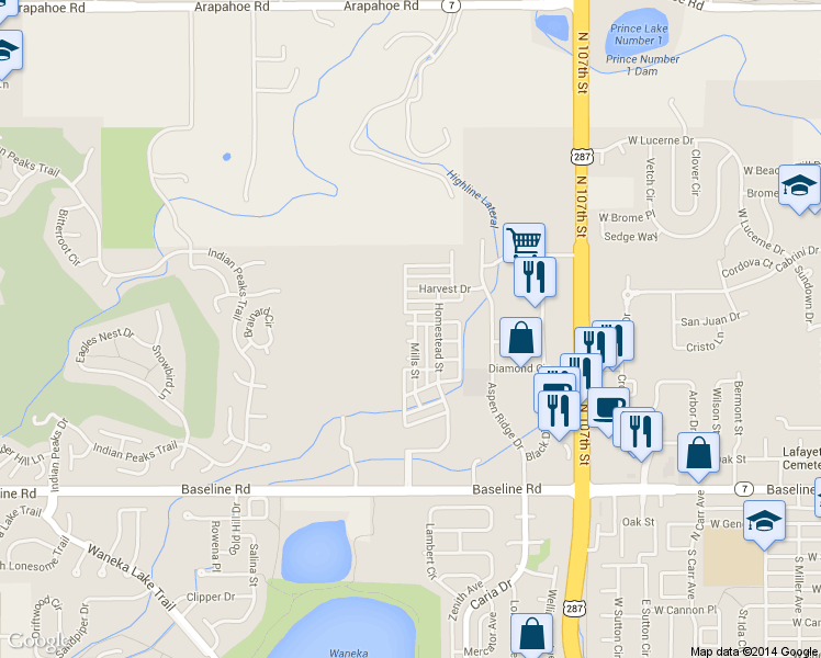 map of restaurants, bars, coffee shops, grocery stores, and more near 613 Mills Street in Lafayette