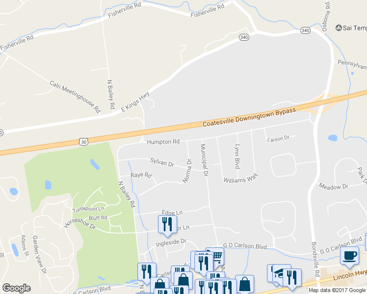 map of restaurants, bars, coffee shops, grocery stores, and more near 608 Norma Dr in Thorndale