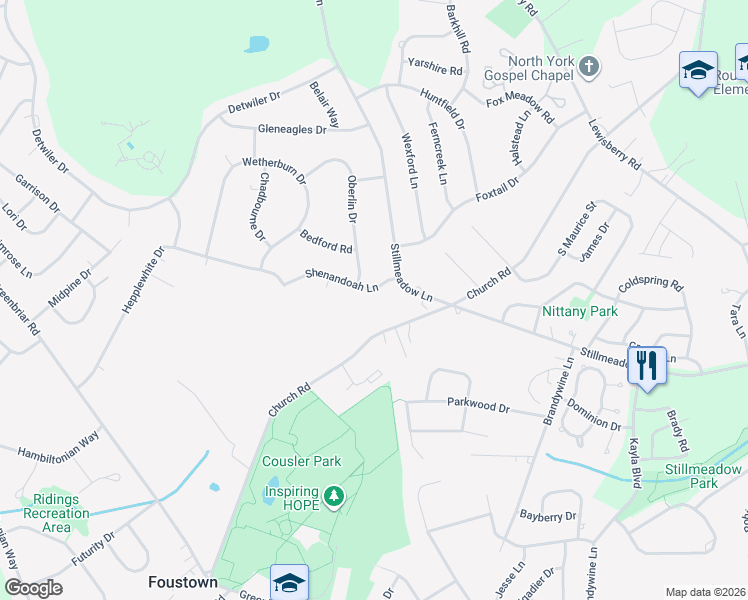 map of restaurants, bars, coffee shops, grocery stores, and more near 820 Shenandoah Lane in York