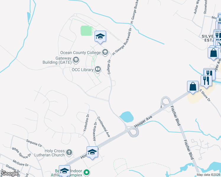 map of restaurants, bars, coffee shops, grocery stores, and more near 1 College Drive in Toms River