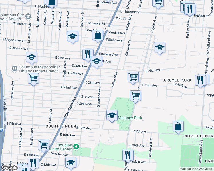map of restaurants, bars, coffee shops, grocery stores, and more near 1503 East 23rd Avenue in Columbus