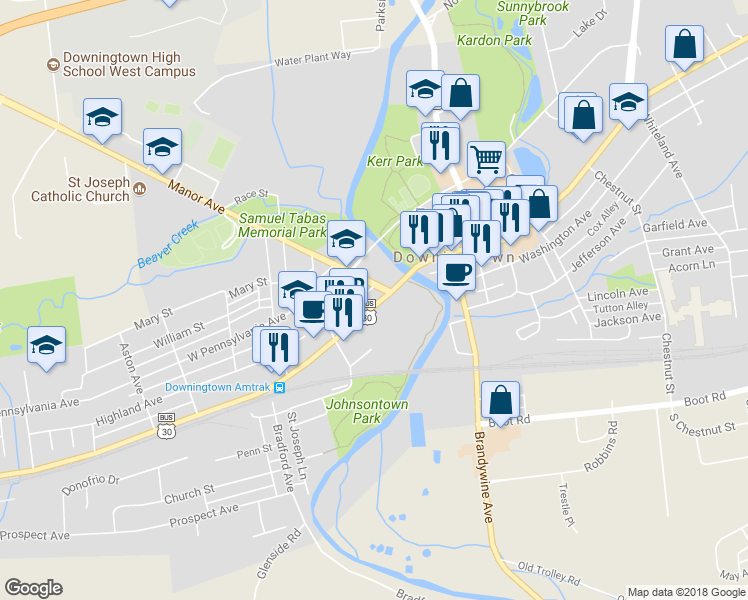 map of restaurants, bars, coffee shops, grocery stores, and more near 41 West Lancaster Avenue in Downingtown