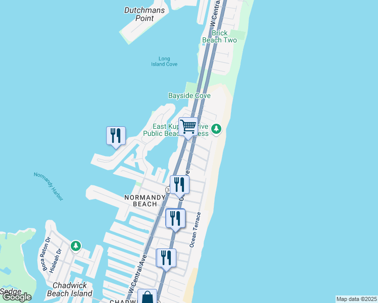 map of restaurants, bars, coffee shops, grocery stores, and more near 121 Deauville Drive in Mantoloking