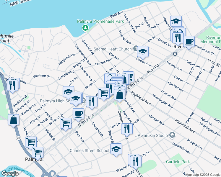 map of restaurants, bars, coffee shops, grocery stores, and more near 508 Cinnaminson Avenue in Palmyra