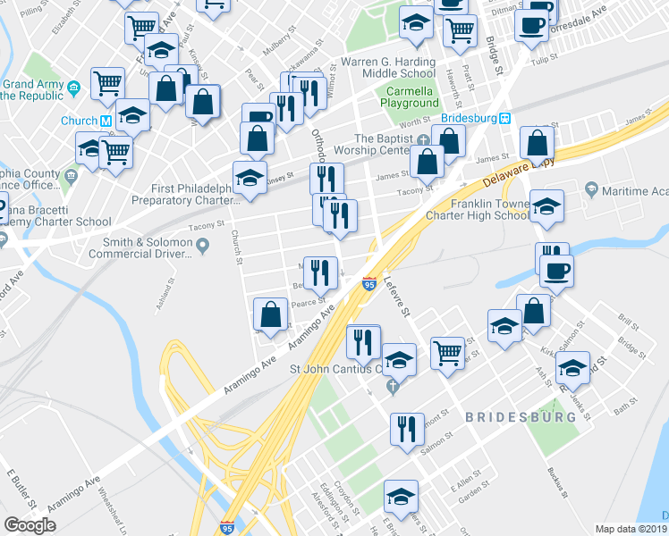 map of restaurants, bars, coffee shops, grocery stores, and more near 2380 Orthodox Street in Philadelphia