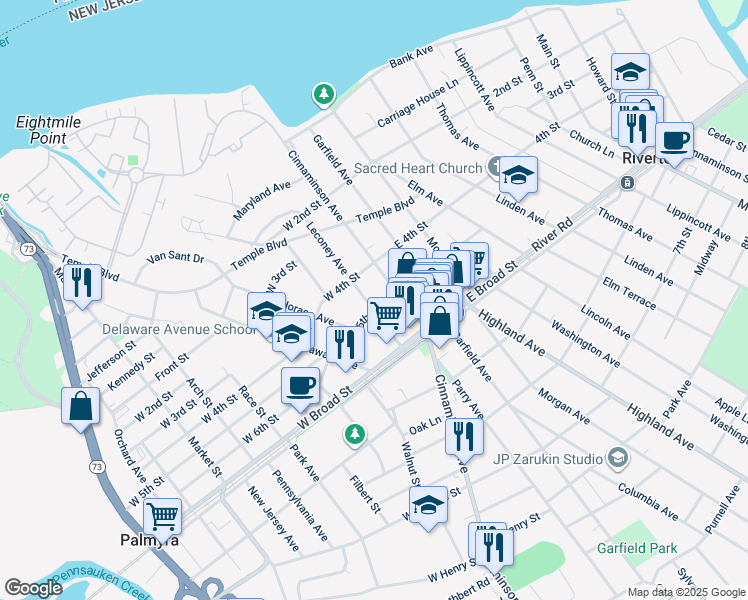 map of restaurants, bars, coffee shops, grocery stores, and more near 426 Leconey Avenue in Palmyra