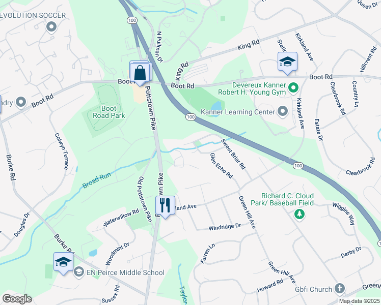 map of restaurants, bars, coffee shops, grocery stores, and more near 1372 Glen Echo Road in West Chester