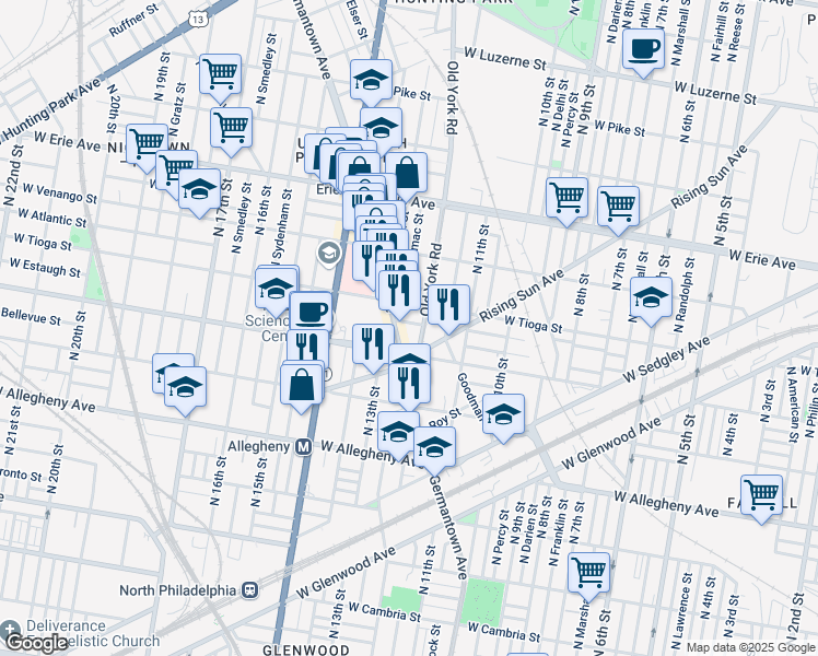 map of restaurants, bars, coffee shops, grocery stores, and more near 3432 Old York Road in Philadelphia