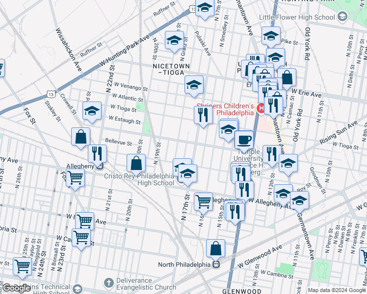 map of restaurants, bars, coffee shops, grocery stores, and more near 3350 North Bouvier Street in Philadelphia