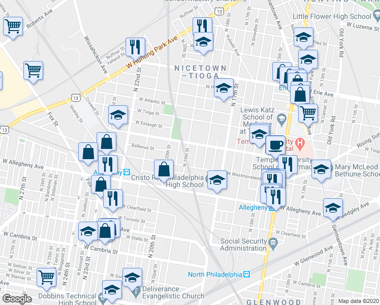 map of restaurants, bars, coffee shops, grocery stores, and more near 3329 North 19th Street in Philadelphia