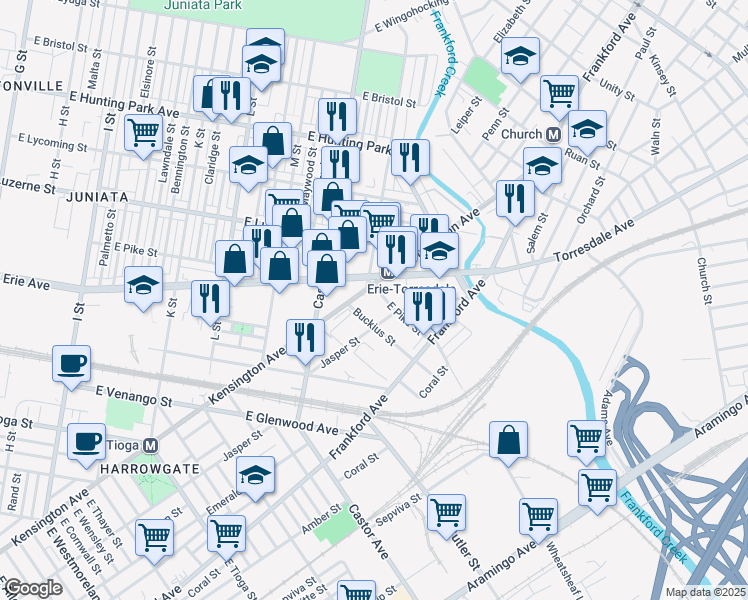 map of restaurants, bars, coffee shops, grocery stores, and more near 3875 Kensington Avenue in Philadelphia