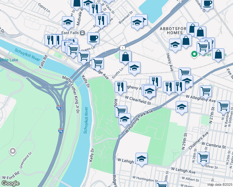 map of restaurants, bars, coffee shops, grocery stores, and more near 3901 Ridge Avenue in Philadelphia