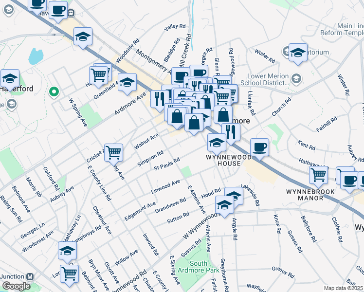 map of restaurants, bars, coffee shops, grocery stores, and more near 29 Simpson Road in Ardmore