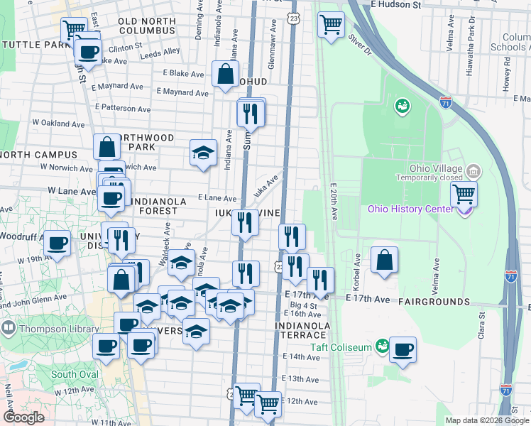 map of restaurants, bars, coffee shops, grocery stores, and more near Luka Ave in Columbus