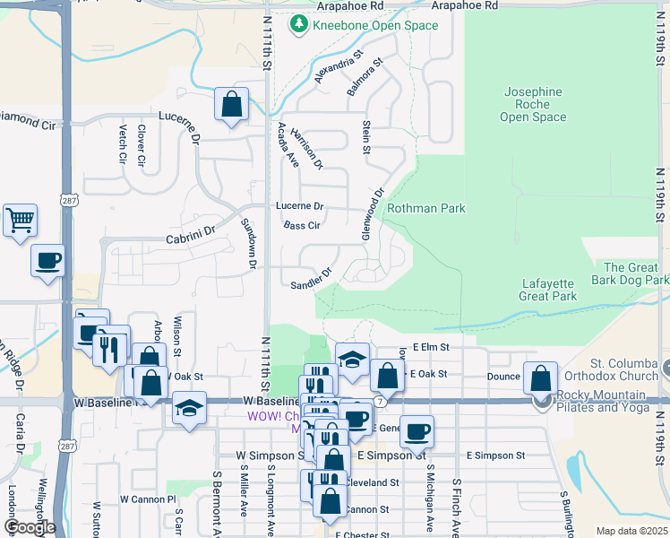 map of restaurants, bars, coffee shops, grocery stores, and more near 304 Sandler Drive in Lafayette