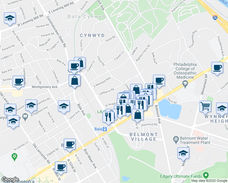 map of restaurants, bars, coffee shops, grocery stores, and more near 28 Llanberris Road in Bala Cynwyd