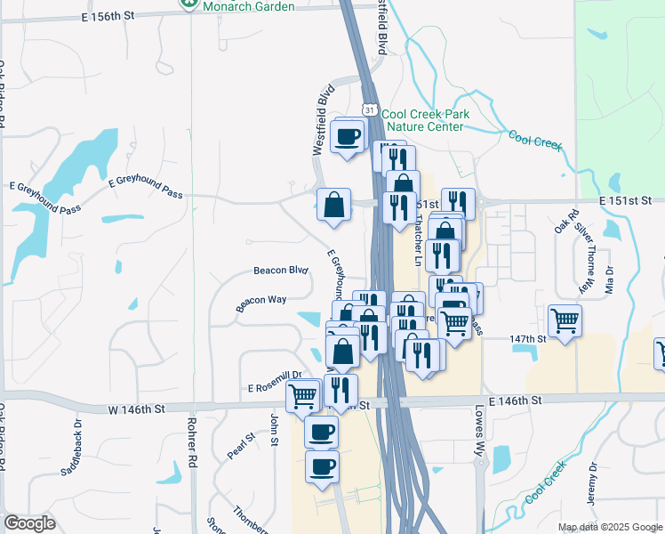 map of restaurants, bars, coffee shops, grocery stores, and more near 1549 East Greyhound Pass in Carmel