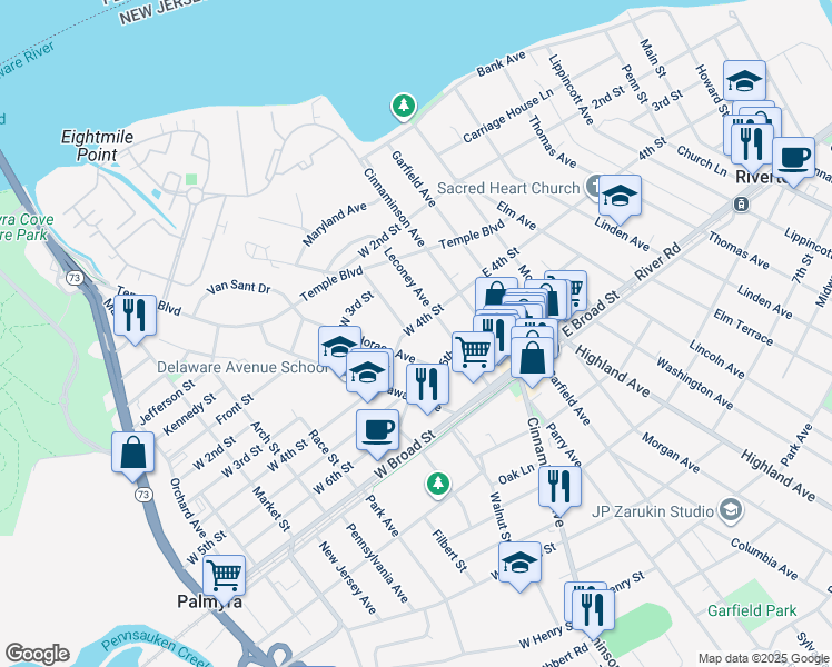 map of restaurants, bars, coffee shops, grocery stores, and more near 120 West 4th Street in Palmyra